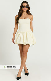 Harley Mini Dress - Strapless Drop Waist Bubble Hem Contrast Dress in Cream